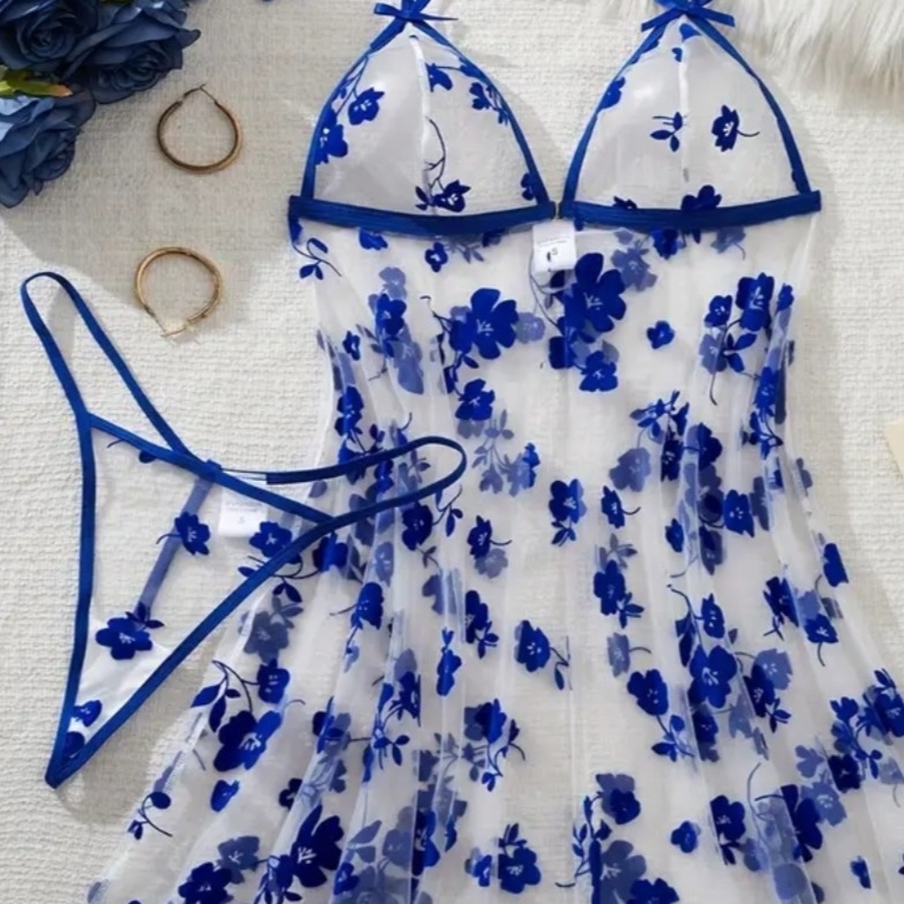 Blue Floral Sheer Lingerie Set